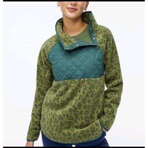 J Crew Quilted Button-Neck Sherpa Tunic Sz XL Loden Green Leopard